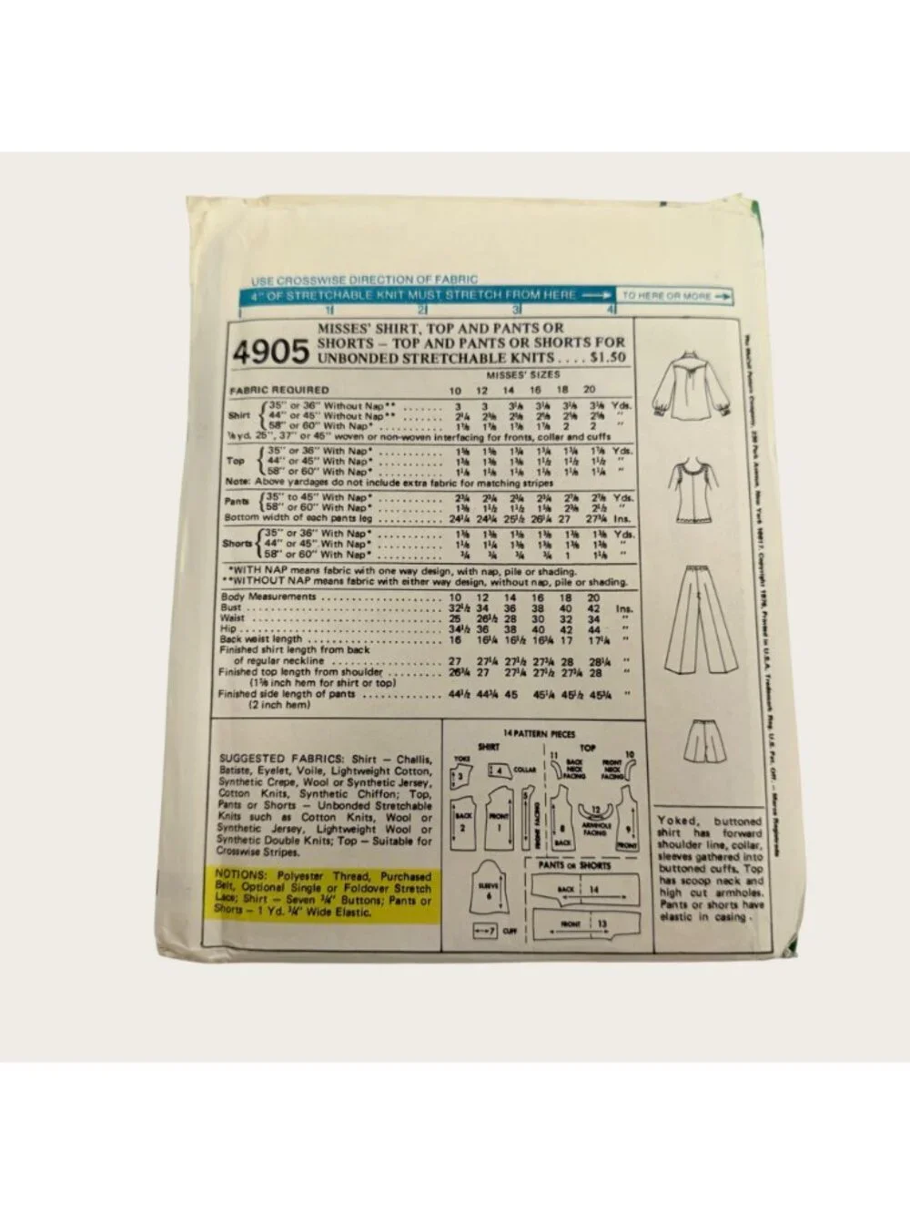 Vintage 1970s McCalls Sewing Pattern 4905 Misses Shirt Pants Shorts Size 12